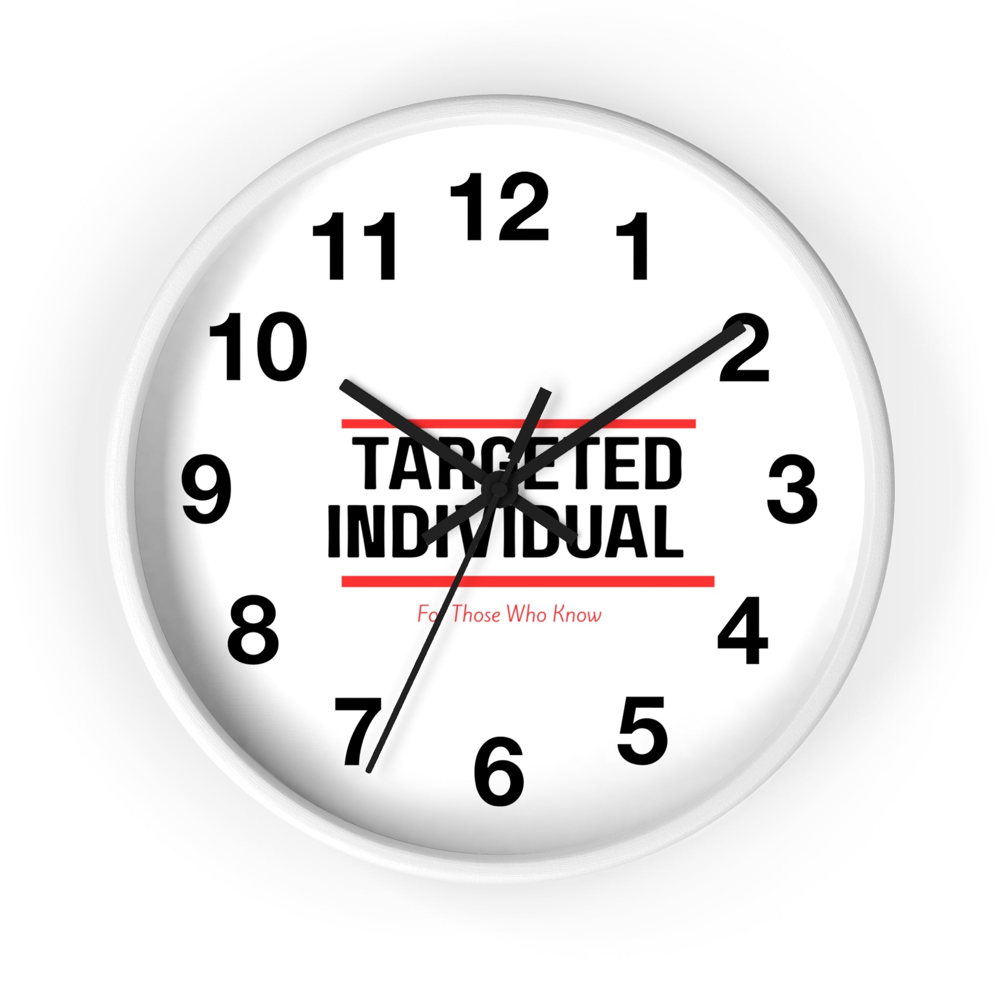 Targeted Individual Wall Clock | Bold Text, Minimalist Typography