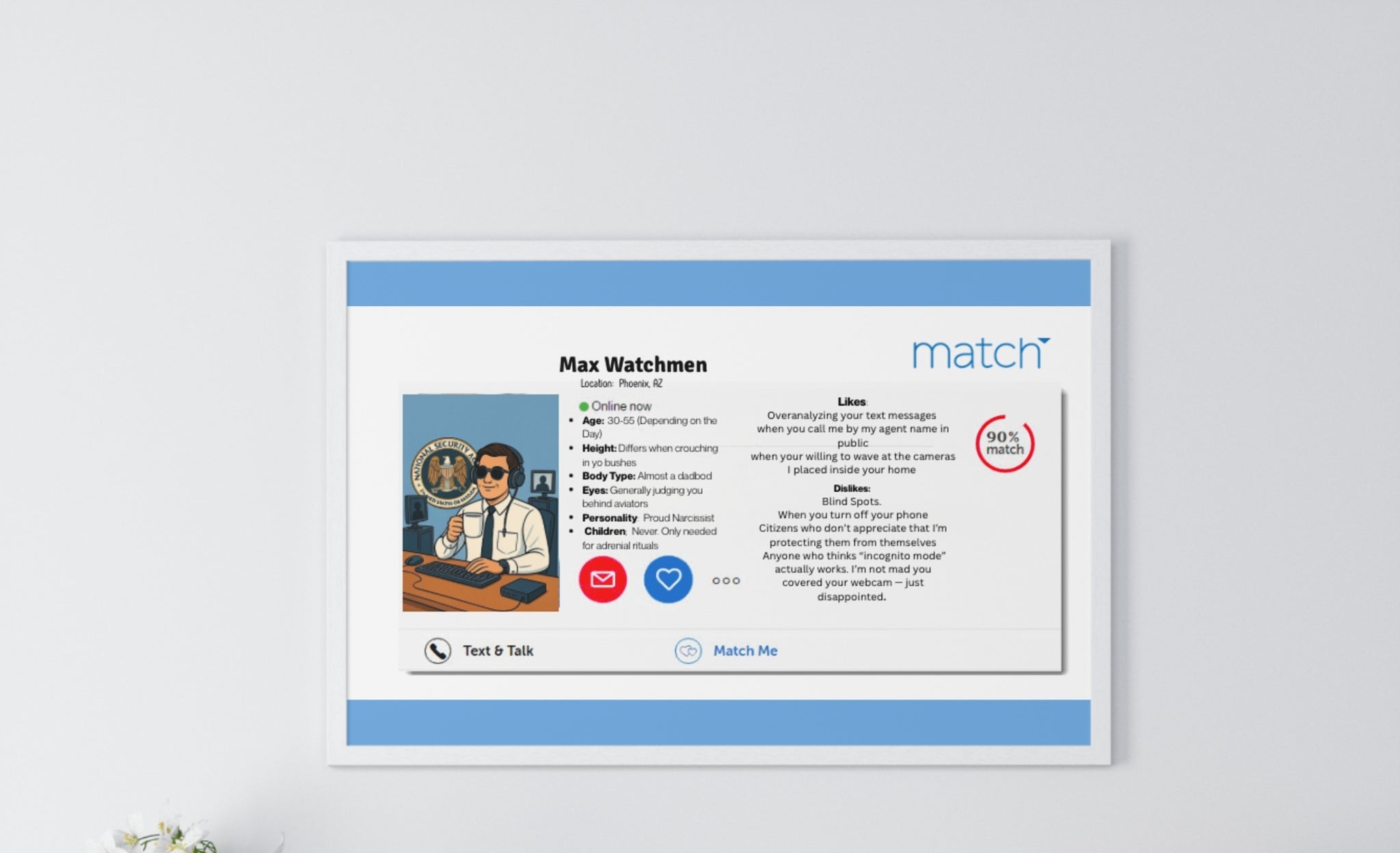 Humorous Handler Dating Profile Framed  Posterl Print